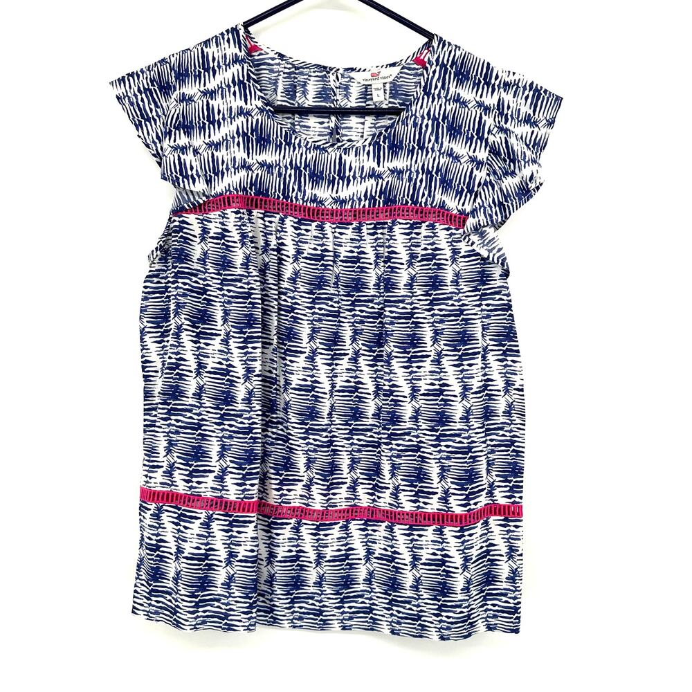 Vineyard Vines Size Large Short Sleeve Blouse Top Shirt Blue White Pink Silk